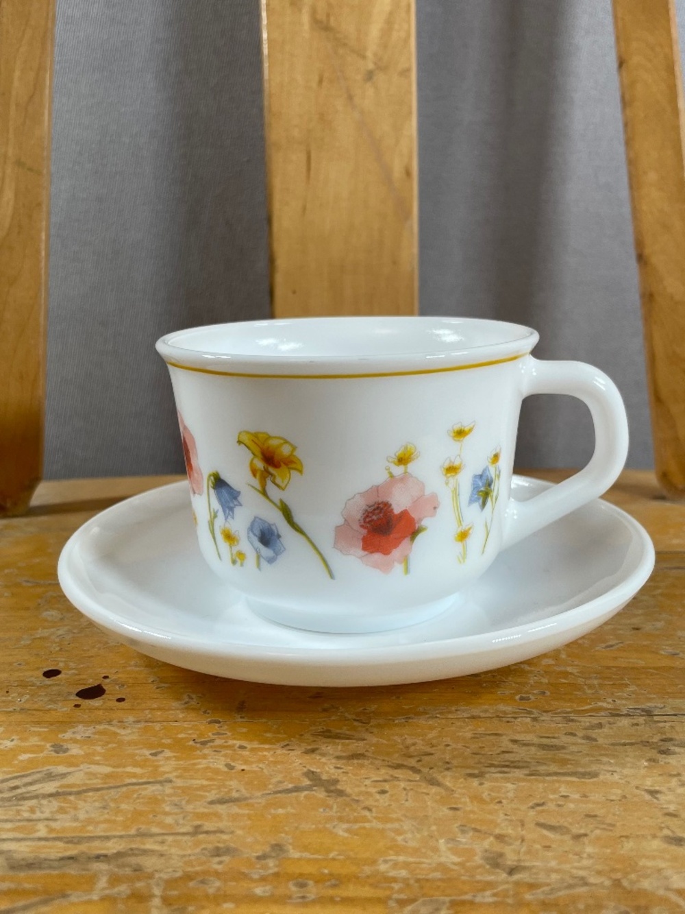 Vintage Arcopal Teacup Mug & Saucer Set | France Floral Opal Milk Glass Gold Rim
